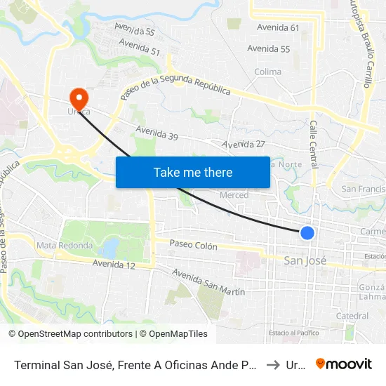 Terminal San José, Frente A Oficinas Ande Paso De La Vaca to Uruca map