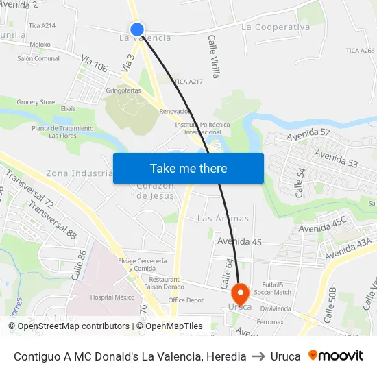 Contiguo A MC Donald's La Valencia, Heredia to Uruca map