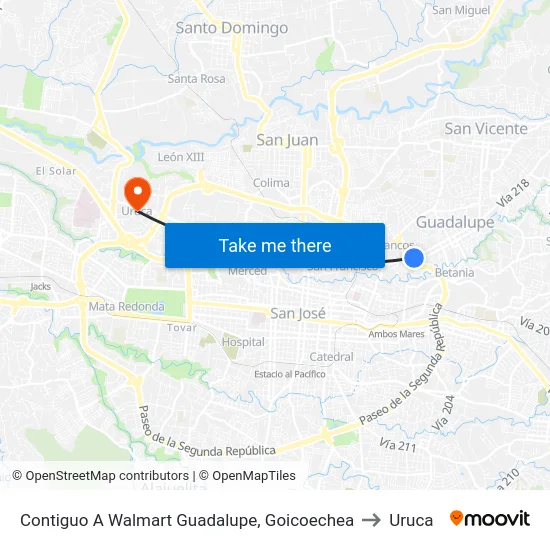 Contiguo A Walmart Guadalupe, Goicoechea to Uruca map