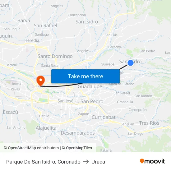 Parque De San Isidro, Coronado to Uruca map