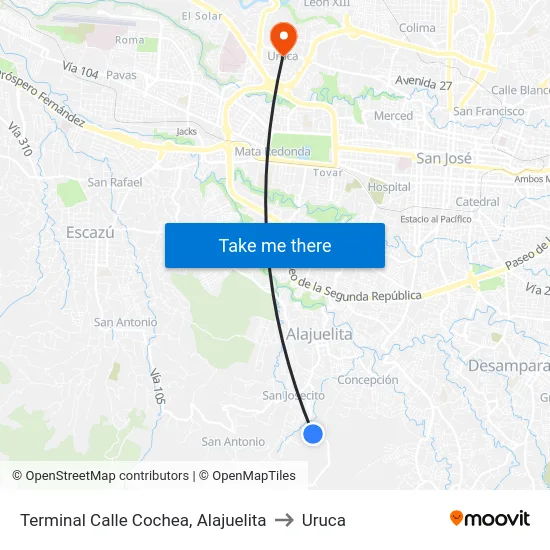 Terminal Calle Cochea, Alajuelita to Uruca map