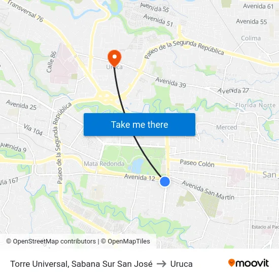 Torre Universal, Sabana Sur San José to Uruca map