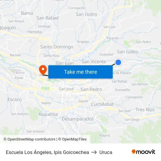 Escuela Los Ángeles, Ipís Goicoechea to Uruca map