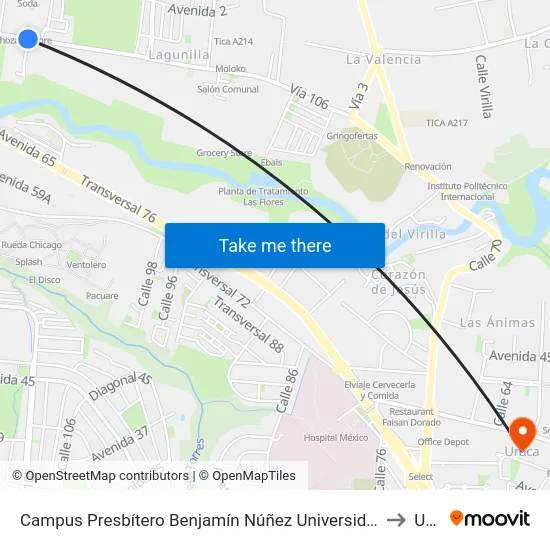 Campus Presbítero Benjamín Núñez Universidad Nacional, Lagunilla Heredia to Uruca map