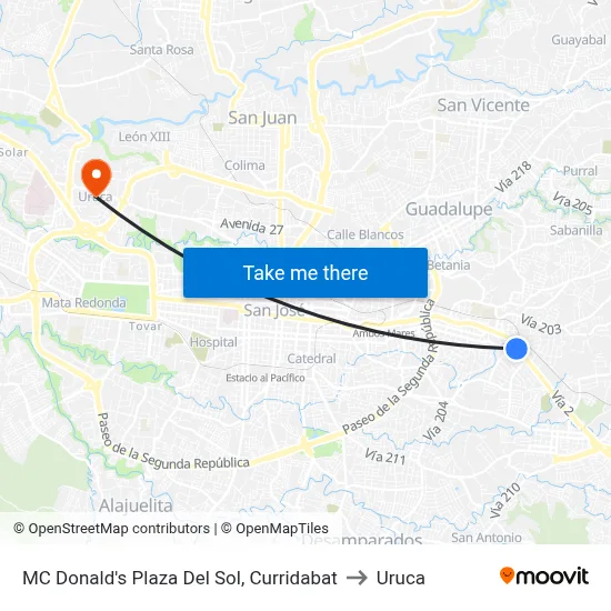 MC Donald's Plaza Del Sol, Curridabat to Uruca map
