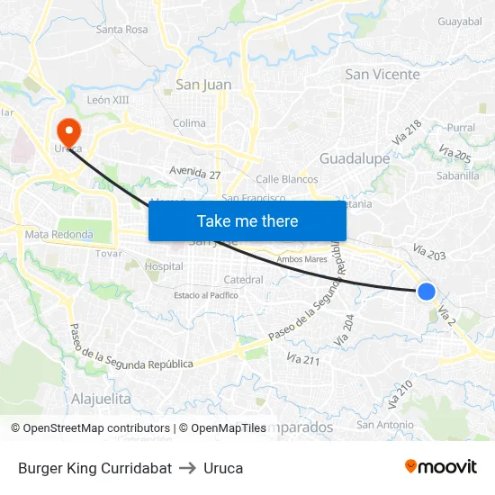 Burger King Curridabat to Uruca map