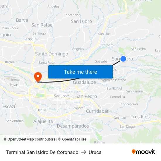 Terminal San Isidro De Coronado to Uruca map