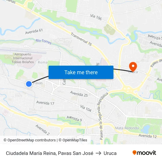 Ciudadela María Reina, Pavas San José to Uruca map