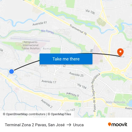 Terminal Zona 2 Pavas, San José to Uruca map