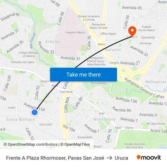 Frente A Plaza Rhormoser, Pavas San José to Uruca map