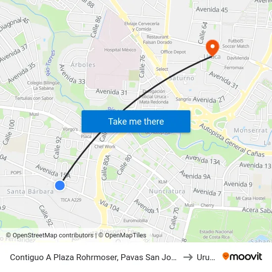 Contiguo A Plaza Rohrmoser, Pavas San José to Uruca map