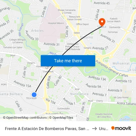 Frente A Estación De Bomberos Pavas, San José to Uruca map