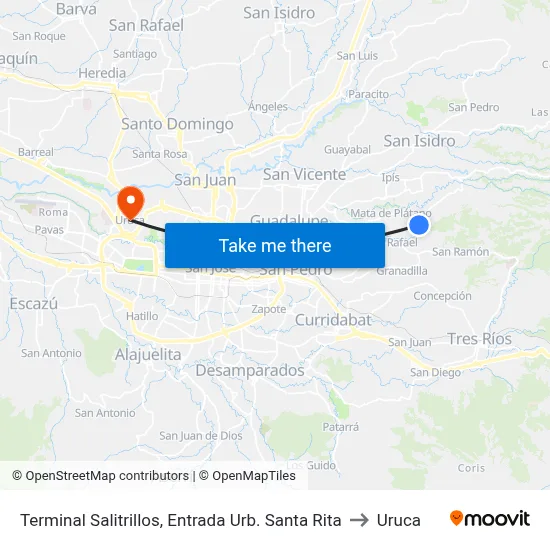 Terminal Salitrillos, Entrada Urb. Santa Rita to Uruca map