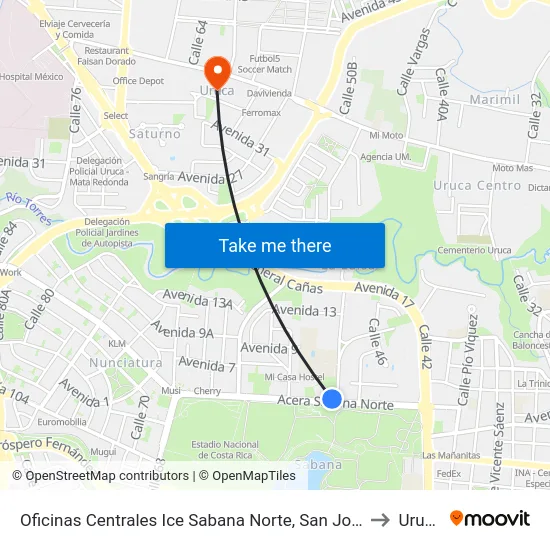 Oficinas Centrales Ice Sabana Norte, San José to Uruca map