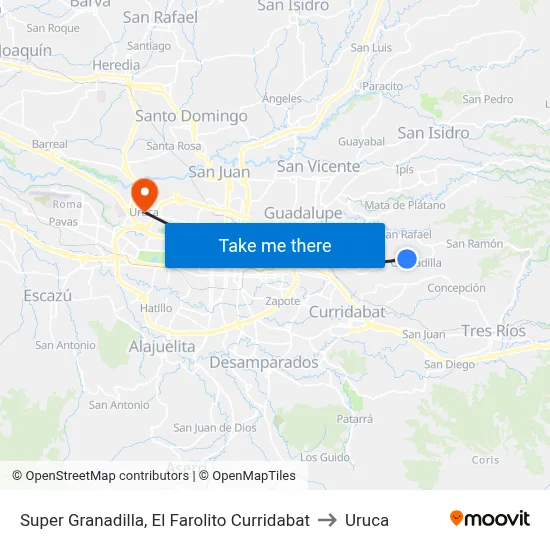 Super Granadilla, El Farolito Curridabat to Uruca map
