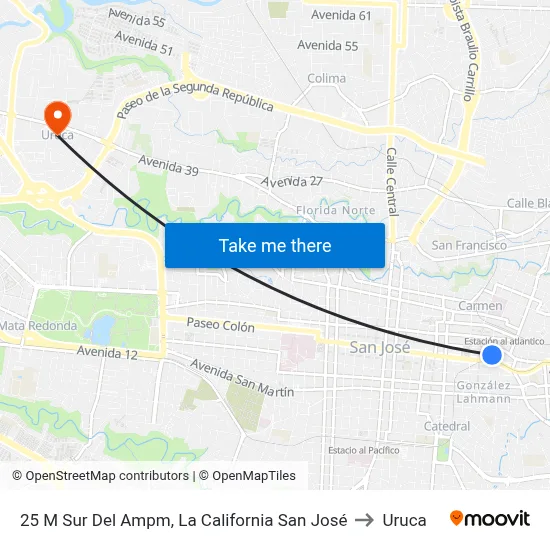 25 M Sur Del Ampm, La California San José to Uruca map
