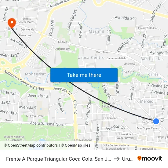Diagonal A Parada De Grecia, Coca Cola San José to Uruca map