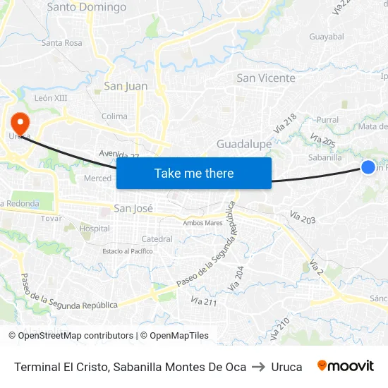 Terminal El Cristo, Diagonal A Fresh Market Sabanilla to Uruca map