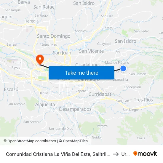 Comunidad Cristiana La Viña Del Este, Salitrillos Montes De Oca to Uruca map