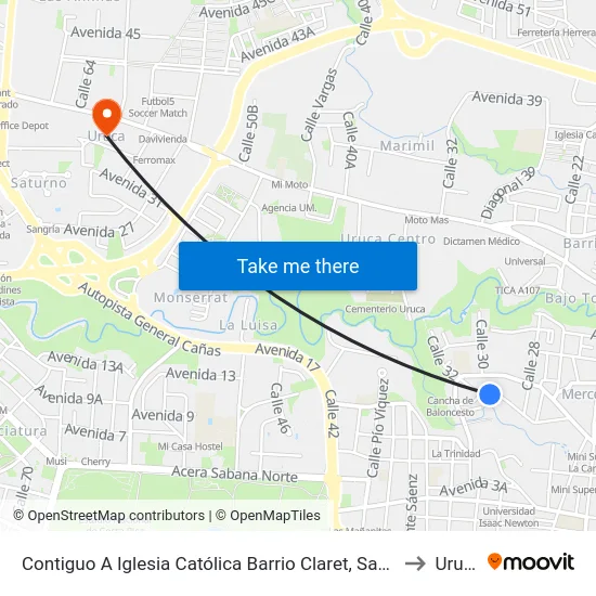 Terminal Barrio Claret, Contiguo A Iglesia Católica to Uruca map