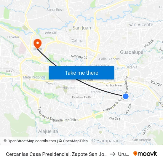 Cercanías Casa Presidencial, Zapote San José to Uruca map