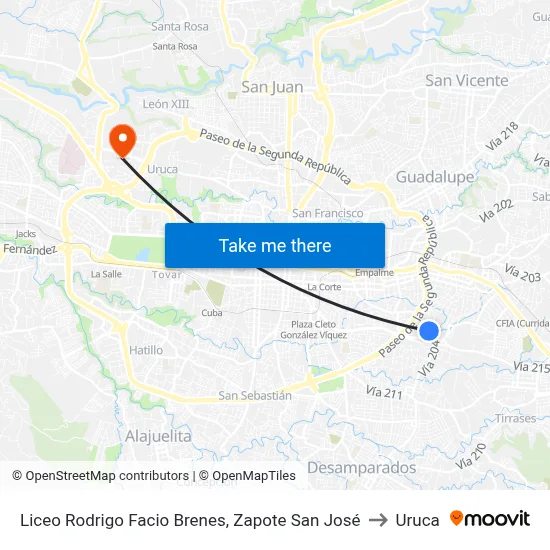 Liceo Rodrigo Facio Brenes, Zapote San José to Uruca map