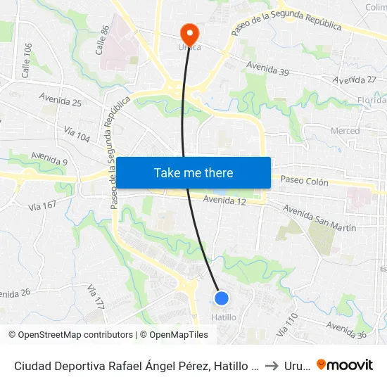 Ciudad Deportiva Rafael Ángel Pérez, Hatillo San José to Uruca map