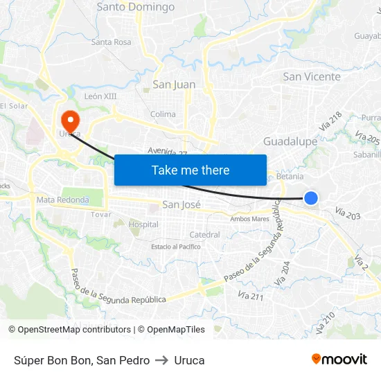 Frente A Súper Bombón, San Pedro to Uruca map