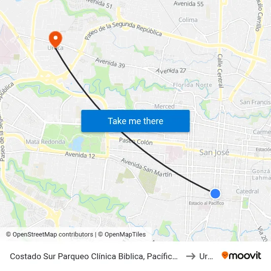 Costado Sur Parqueo Clínica Biblica, Pacífico San José to Uruca map