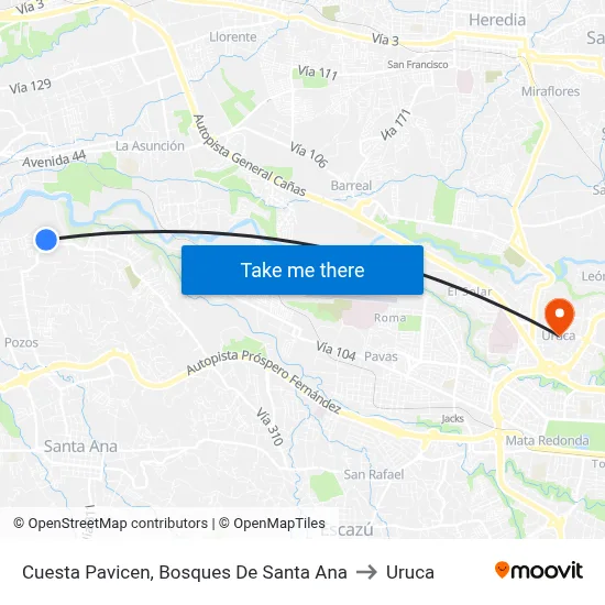 Cuesta Pavicen, Bosques De Santa Ana to Uruca map