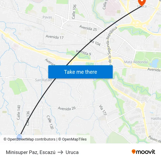 Minisuper Paz, Escazú to Uruca map