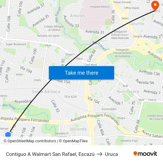Contiguo A Walmart San Rafael, Escazú to Uruca map