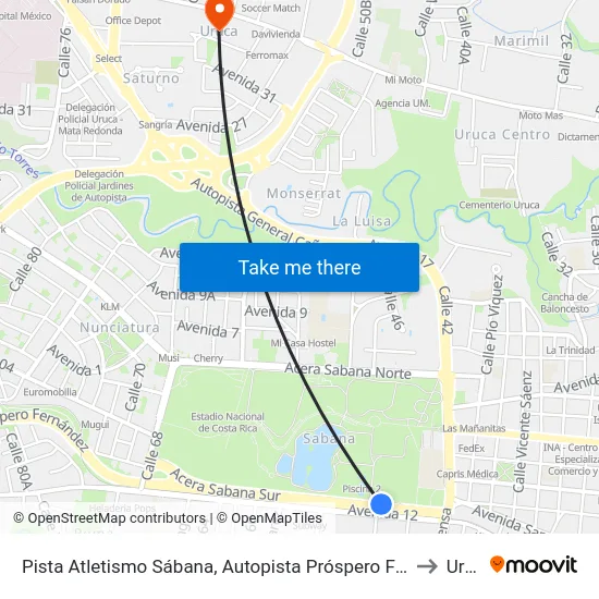 Pista Atletismo Sábana, Autopista Próspero Fernández San José to Uruca map