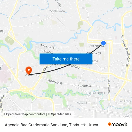 Agencia Bac Credomatic San Juan, Tibás to Uruca map
