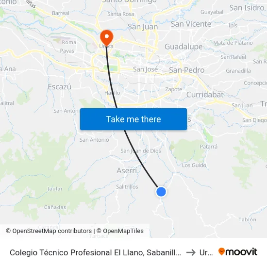 Colegio Técnico Profesional El Llano, Sabanillas De Desamparados to Uruca map