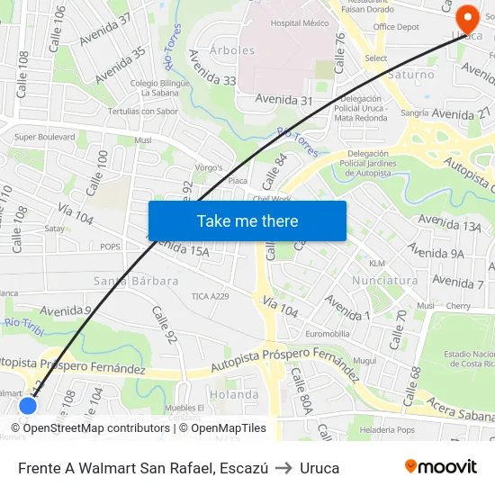 Frente A Walmart San Rafael, Escazú to Uruca map