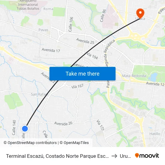 Terminal Escazú, Costado Norte Parque Escazú to Uruca map