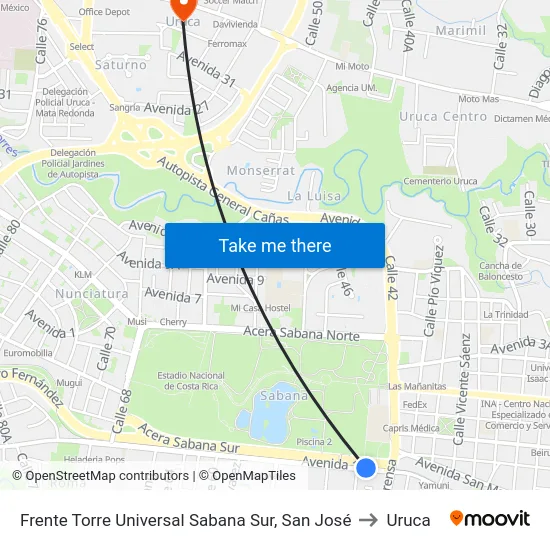 Frente Torre Universal Sabana Sur, San José to Uruca map