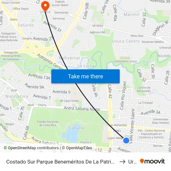 Costado Sur Parque Beneméritos De La Patria, San Francisco San José to Uruca map