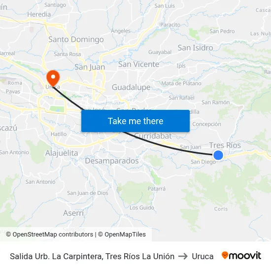 Salida Urb. La Carpintera, Tres Ríos La Unión to Uruca map