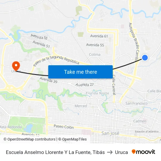 Escuela Anselmo Llorente Y La Fuente, Tibás to Uruca map