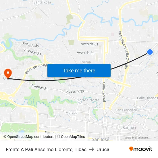 Frente A Palí Anselmo Llorente, Tibás to Uruca map