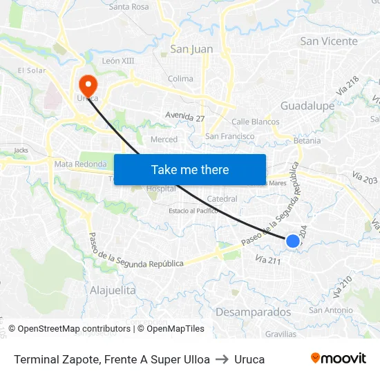 Terminal Zapote, Frente A Super Ulloa to Uruca map