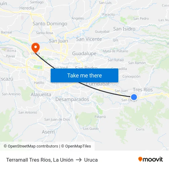 Terramall Tres Ríos, La Unión to Uruca map