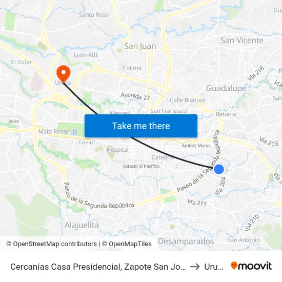 Cercanías Casa Presidencial, Zapote San José to Uruca map