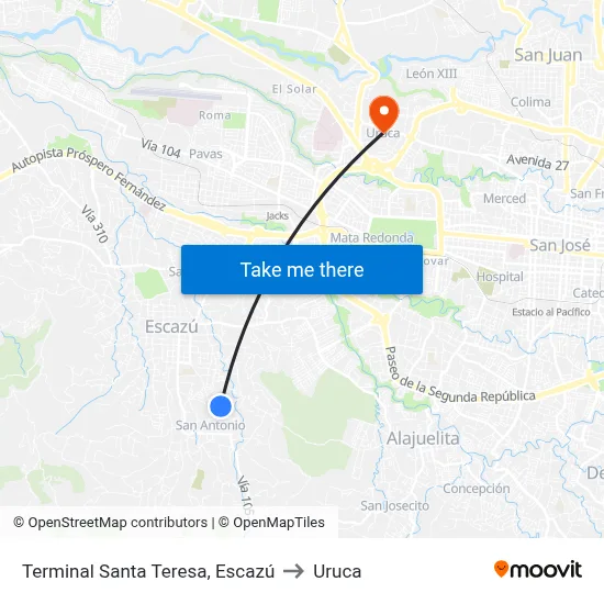 Terminal Santa Teresa, Escazú to Uruca map