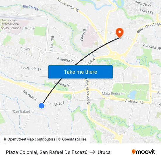 Plaza Colonial, San Rafael De Escazú to Uruca map