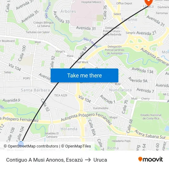 Contiguo A Musi Anonos, Escazú to Uruca map