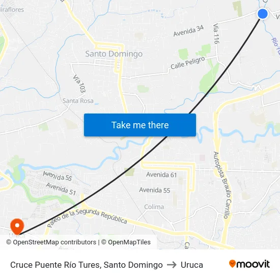 Cruce Puente Río Tures, Santo Domingo to Uruca map