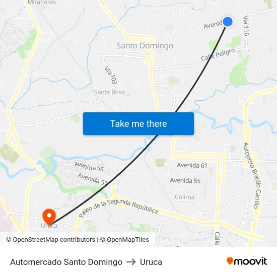 Automercado Santo Domingo to Uruca map